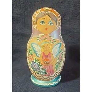 6.5" 5 Piece Matryoshka Doll With Angels - Signed - Blue, White and Lavender